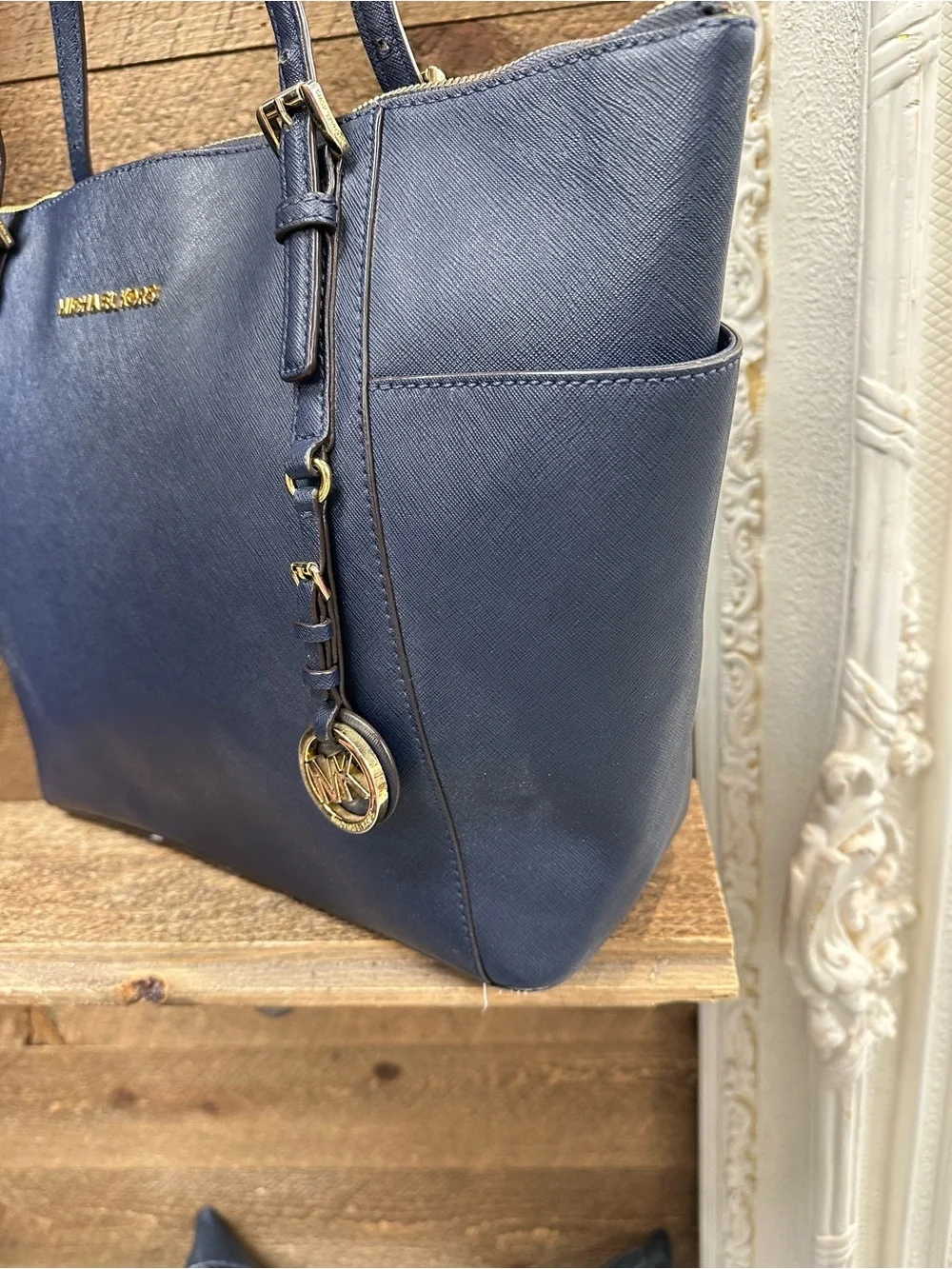 Michael Kors Navy Saffiano Leather Tote with Gold Hardware